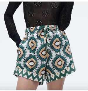 Figue Coppins Shorts in Batik Tortoise Print Sz XS Green Cotton Poplin Tie Waist